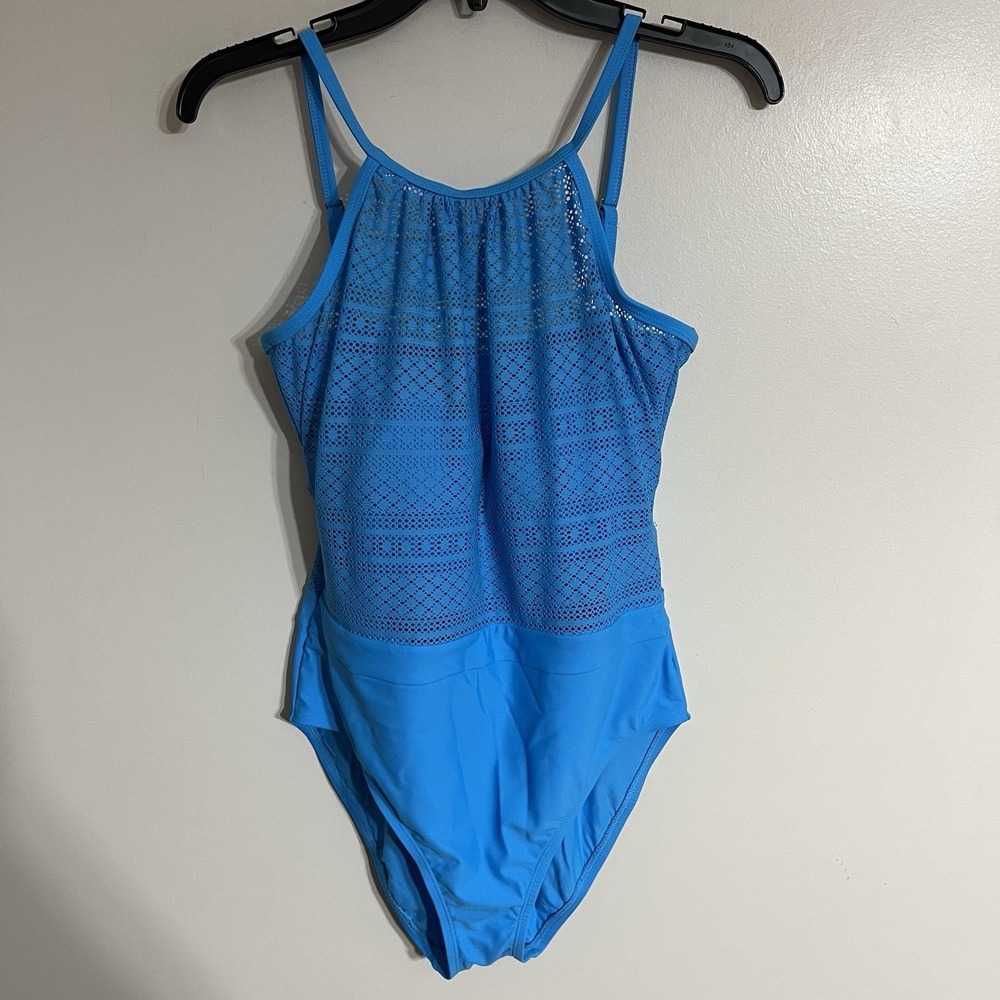 Women's Ellen Tracy Crochet Detail Tummy Control One Piece Swimsuit Blue Size 12